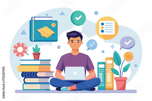 A man sitting on the floor, focused on using a laptop, seek knowledge through the internet and books, Simple and minimalist flat Vector Illustration