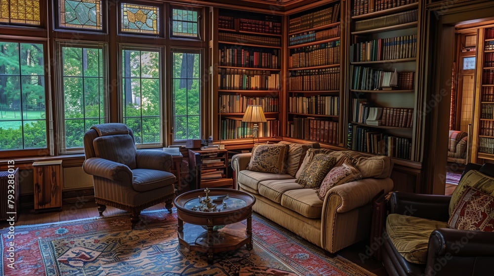 Fototapeta premium a room with a lot of books and a chair in it and a big window with lots of plants