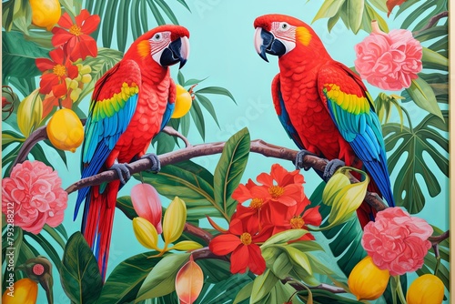 Tropical Summer Vibe Posters: Vibrant Toucans and Parrots - Travel Agency Window Display © Michael