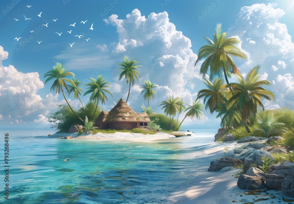 A beautiful tropical island with palm trees and an overwater bungalow, seen from above. A small boat is moored on the beach of the lush green island surrounded by crystal clear turquoise water. A beautiful tropical island with palm trees and an overwater bungalow, seen from above. A small boat is moored on the beach of the lush green island surrounded by crystal clear turquoise water.