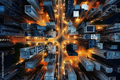 Urban Drone Highways  Aerial Perspective of Abstract Urban Tech Structures