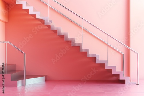 Sleek Metallic Staircase in a Light Coral Art Gallery, Perfect for Contemporary Architectural Reviews and Design Magazines,