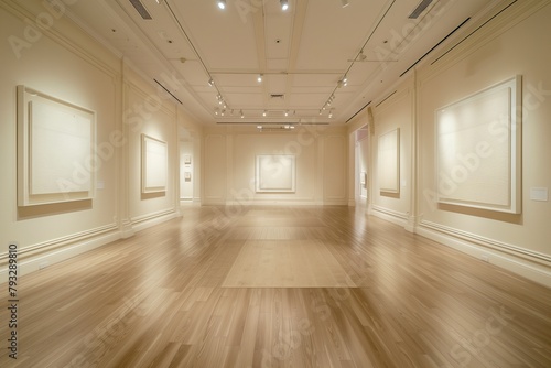 Spacious and Elegant Cream-Colored Art Gallery  Perfectly Lit with Recessed Spotlights 