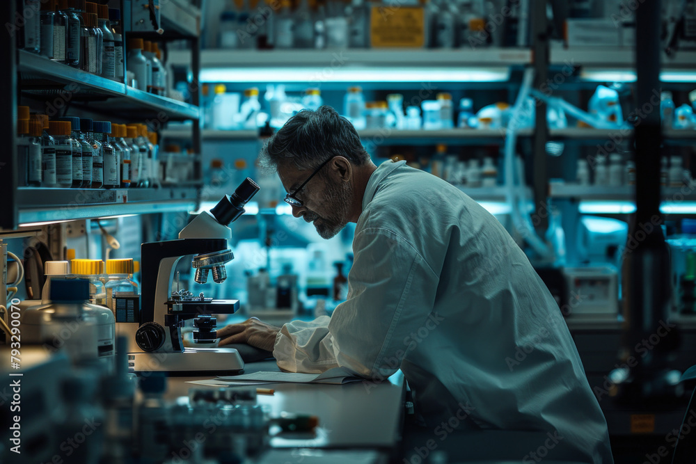 A biologist examines samples under a microscope in a well-equipped laboratory with shelves of supplies.