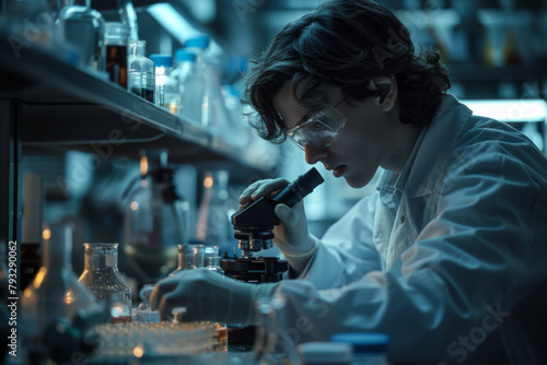 Biologist examining a sample through a microscope in a dimly lit lab.
