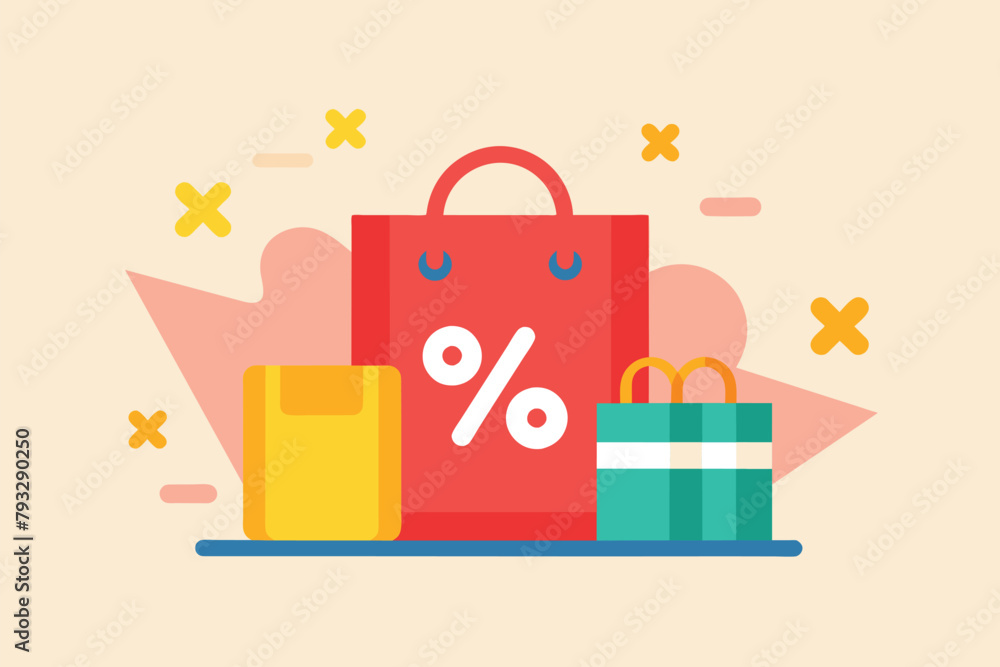 A red shopping bag featuring a percentage sign as a symbol of discounts and savings, Shopping discount, Simple and minimalist flat Vector Illustration