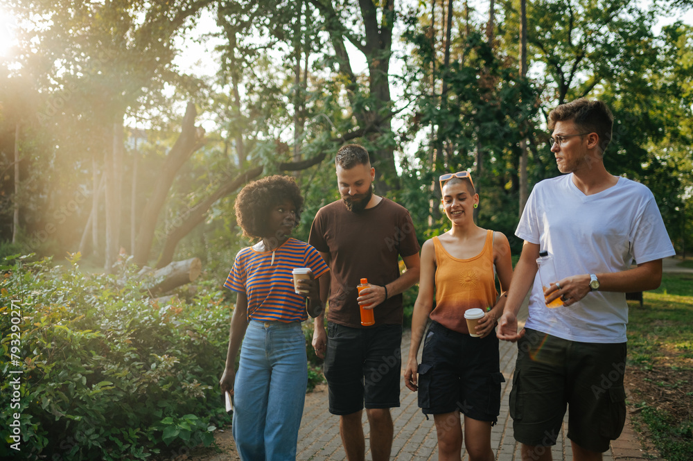 Two interracial couples on double date spending time in nature. Two interracial couples on double date spending time in nature.