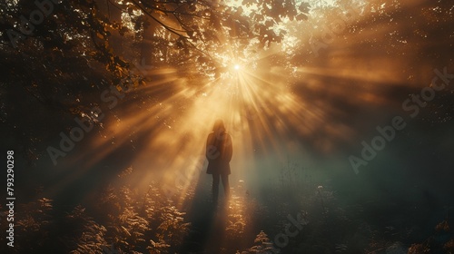 a person standing in the middle of a forest with the sun shining through the trees