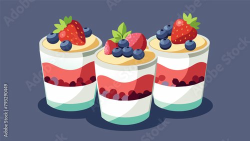 A flight of mini parfait cups filled with layers of coconut yogurt fresh berries and crunchy granola perfect for a light and refreshing snack..