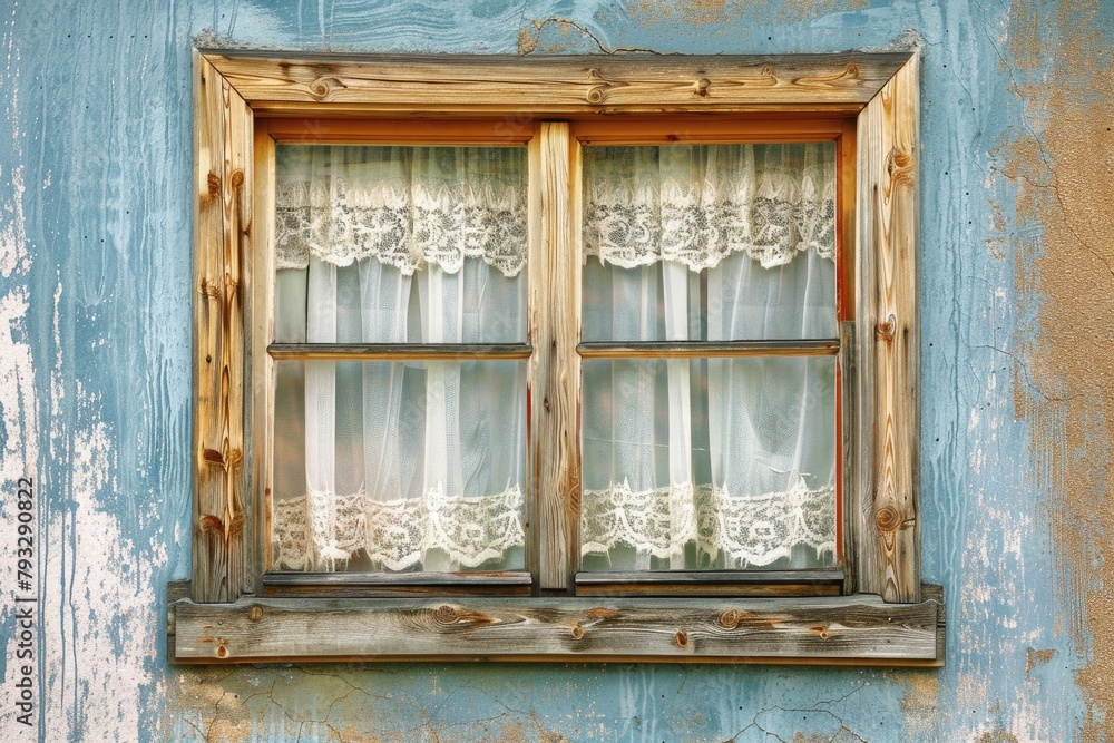 wooden window frame with lace curtains