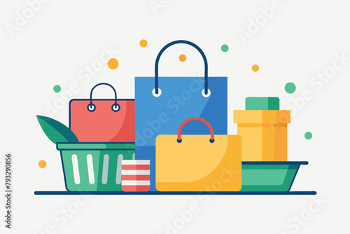 Various shopping bags piled on a table, showcasing a mix of purchases from a shopping spree, Shopping promo with basket and shopping bags, online shop, Simple and minimalist flat Vector Illustration