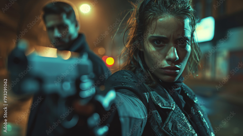 A bodyguard with a firearm protecting a woman in a cinematic night scene A bodyguard with a firearm protecting a woman in a cinematic night scene