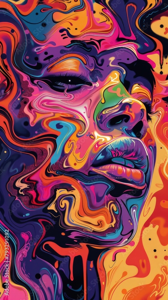An abstract, colorful portrait featuring a woman's face amidst vibrant, swirling patterns