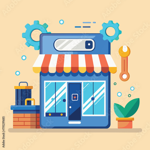 A storefront with a visible wrench, emphasizing repair services offered, Smartphone repair, Simple and minimalist flat Vector Illustration