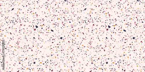 Colorful terrazzo seamless pattern. Vector texture of mosaic floor with stone fragments, chips of marble, granite, limestone, quartz, glass splinters and concrete. Classic Italian flooring background
