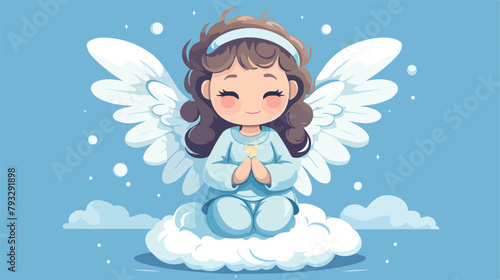 Vector illustration of cute cheerful angel sitting
