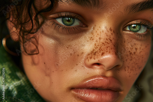 Close-up portrait of a woman with freckles and green eyes. Generative AI image photo