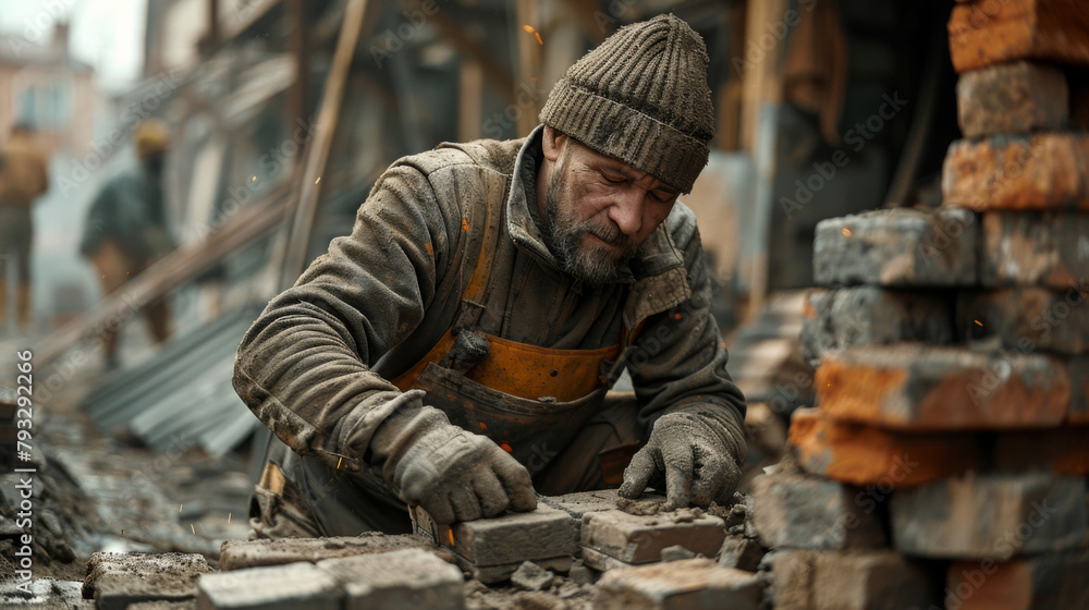 A focused bricklayer lays bricks on a construction site, showcasing his craftsmanship in this wide-angle cinematic shot.