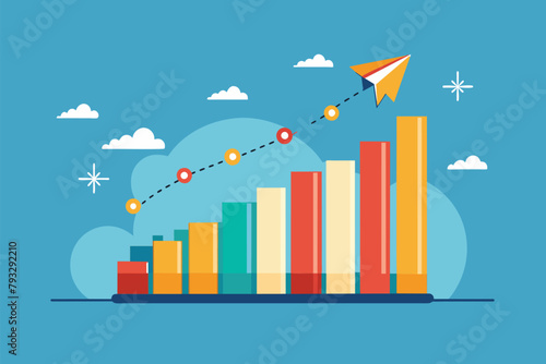 Paper airplane flying over a bar chart representing soaring business results, Soaring business results, Simple and minimalist flat Vector Illustration