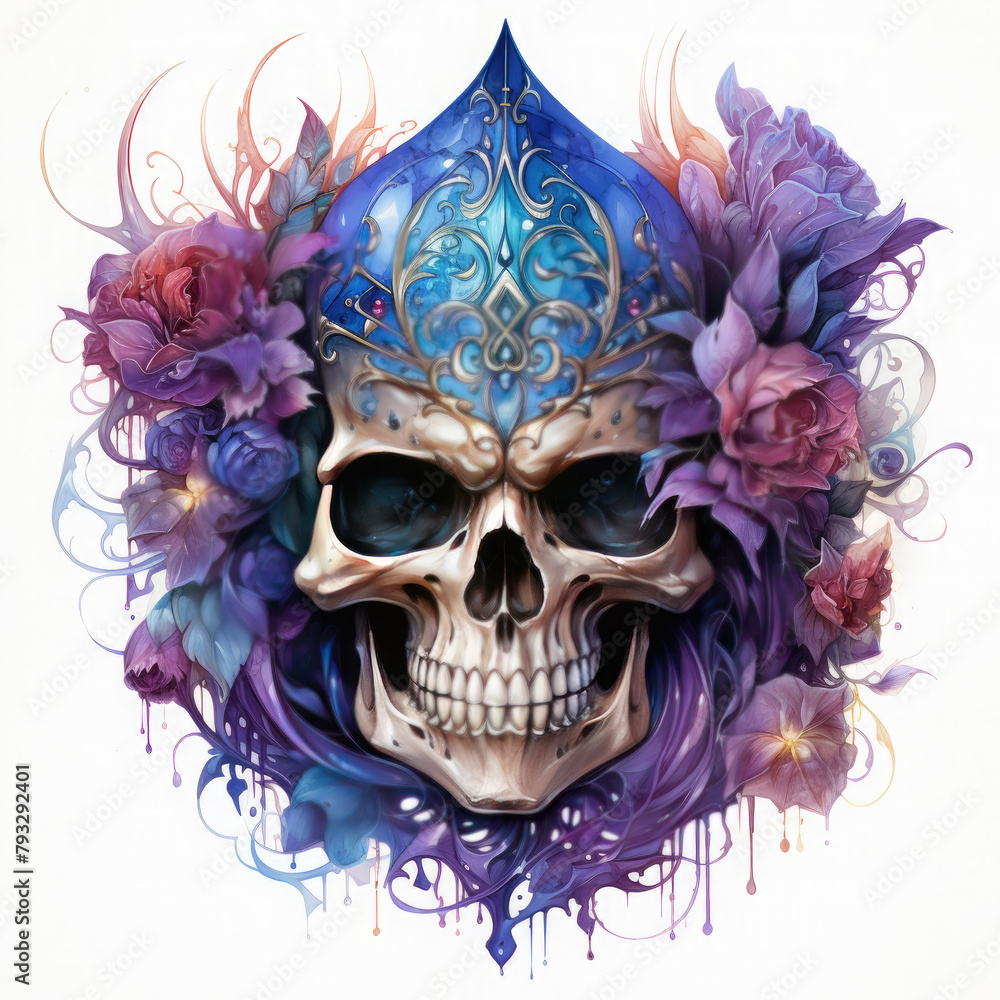 Watercolor lich skull vector, clipart Illustration, Generative Ai