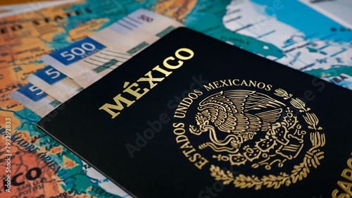 Pasaporte Mexicano Junto a Billetes de 500 Pesos Mexicanos, close-up. photo