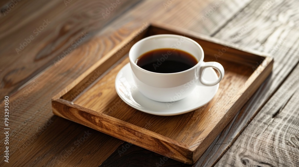 Americano coffee in cup served on wooden tray. Americano coffee in cup served on wooden tray.