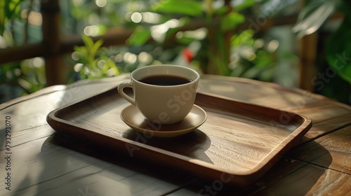 Americano coffee in cup served on wooden tray.