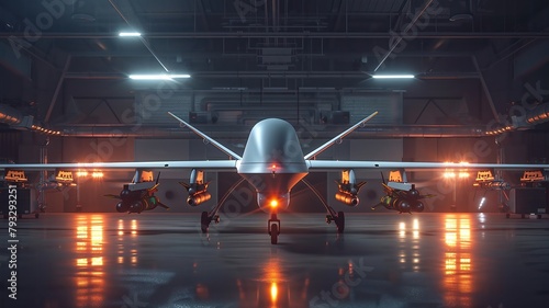 A military aircraft is parked in a hangar with a bright light shining on it