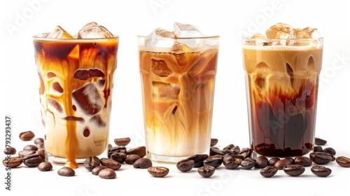 Banner Set of ice cappuccino, ice caramel latte coffee and black americano coffee cold isolated clipping path clean cut on white background. photo