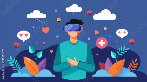 A patient with depression is immersed in a virtual reality world filled with positive and uplifting images and messages providing a sense of hope and.