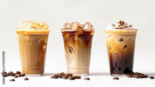 Banner Set of ice cappuccino, ice caramel latte coffee and black americano coffee cold isolated clipping path clean cut on white background. photo