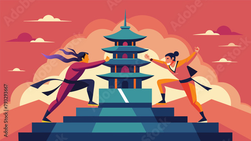 A climactic battle atop a towering pagoda as two skilled fighters use acrobatic moves and lightningfast strikes to defeat their opponent and