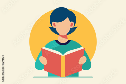 A woman seated, absorbed in reading a book of knowledge, Someone reads a book of knowledge, Simple and minimalist flat Vector Illustration
