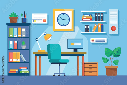 A room featuring a desk, bookshelf, and clock, ssl technology study, Simple and minimalist flat Vector Illustration