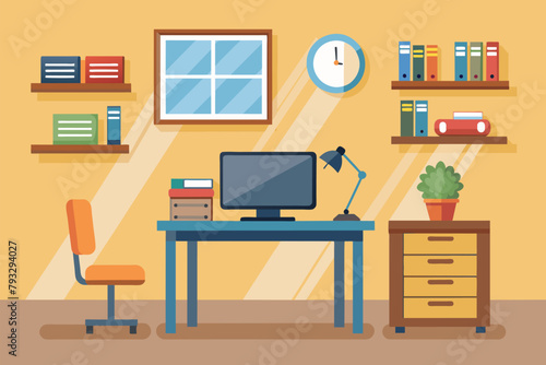 A desk with a computer and a chair set up in a minimalist and clean workspace, ssl technology study, Simple and minimalist flat Vector Illustration