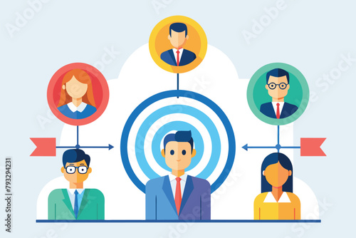 Diverse group of individuals standing together in front of a target, Staff management perspective definition target orientation, teamwork organization, Simple and minimalist flat Vector Illustration