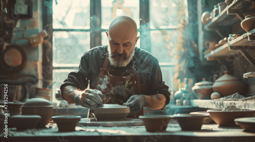 A focused ceramicist shapes clay on a pottery wheel in a rustic workshop with finished pottery around.