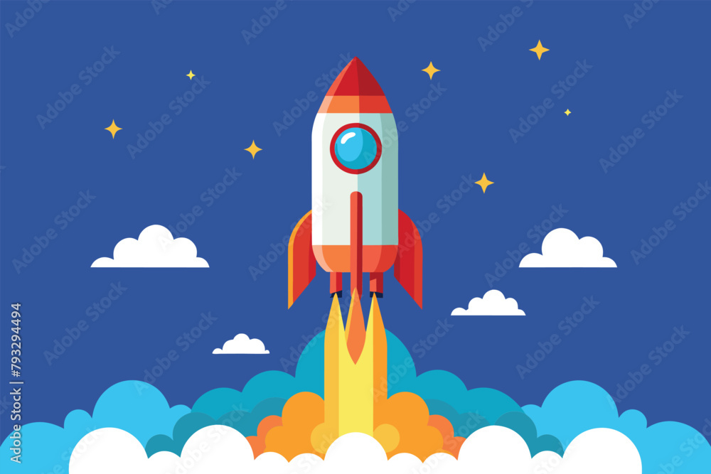 Fototapeta premium Rocket Flying Through Sky With Clouds, Started business, launch success rocket or entrepreneur, startup project, Simple and minimalist flat Vector Illustration