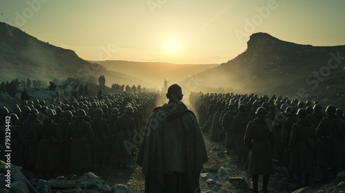 Wide-angle shot of a chaplain standing before troops with a sunrise in the background, conveying a cinematic atmosphere. photo