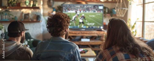 Friends enjoying football game on tv at home