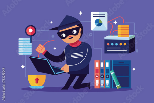 A man in a black mask is holding a laptop, appearing to be engaged in a secretive or illicit activity, steal data by hacking, Simple and minimalist flat Vector Illustration