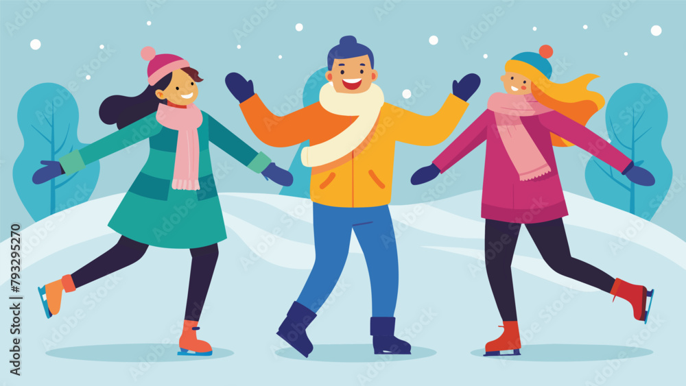 Fototapeta premium A group of friends bundled up in scarves and mittens laughing and twirling on the ice as they celebrate their friends first time skating.