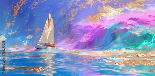 Sailing Through Dreams: Vibrant Sailboat Against a Surreal Golden Sunset Seascape