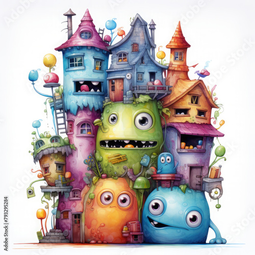 Watercolor monster house vector, clipart Illustration, Generative Ai
