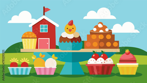 Colorful farmthemed cupcakes with farm animal toppers are the centerpiece of a dessert table complete with cookies shaped like tractors and