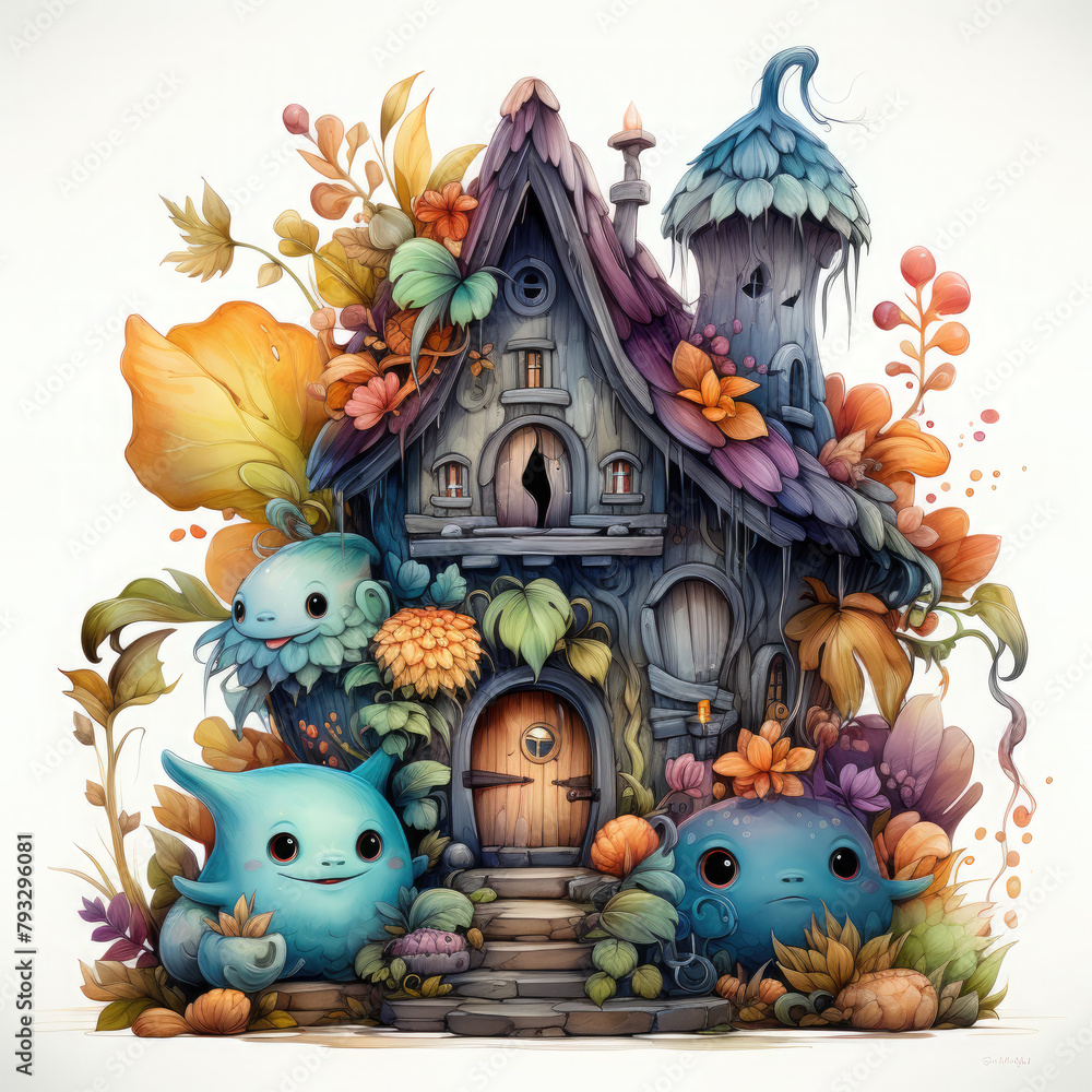 Obraz premium Watercolor monster house vector, clipart Illustration, Generative Ai