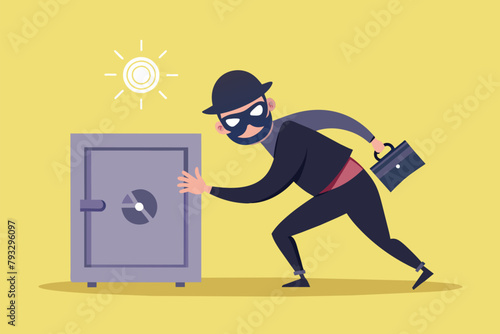 A man in a black suit and hat is rushing towards a safe door, Stole the safe, Simple and minimalist flat Vector Illustration