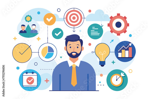 A man with a beard standing surrounded by various icons, strategic business planning company vision and mission, Simple and minimalist flat Vector Illustration