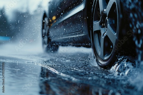Car splashes through puddle on wet road, water splashing around vehicle