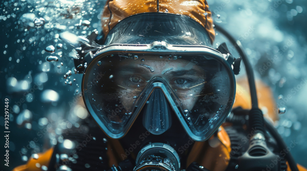A commercial diver underwater, with clear view of the mask and bubbles around. A commercial diver underwater, with clear view of the mask and bubbles around.